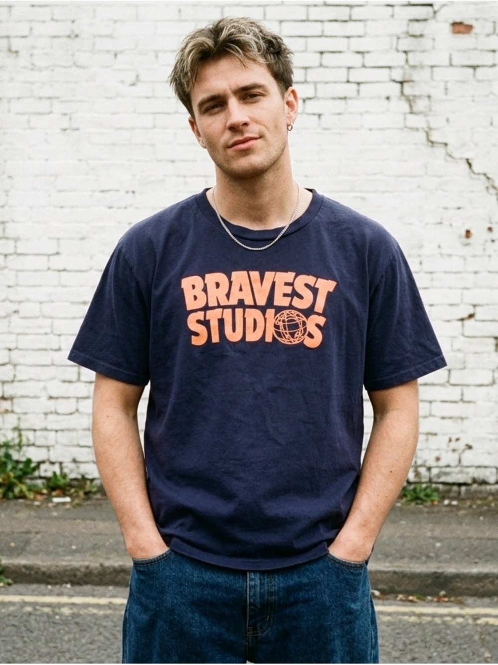 Bravest Studios Globe Logo Tee Navy Blue Orange Boxy Fit Mens XL Streetwear